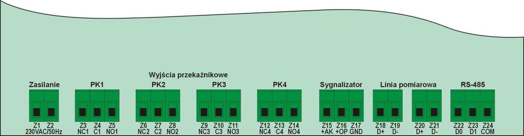 Zaciski centrali MSMR-16 Nr zacisku Z1 Z2 Z3 Z4 Z5 Z6 Z7 Z8 Z9 Z10 Z11 Z12 Z13 Z14 Z15 Z16 Z17 Z18 Z19 Z20 Z21 Z22 Z23 Z24 Opis zacisków centrali Opis Zasilanie 230V AC/50Hz Zasilanie 230V AC/50Hz