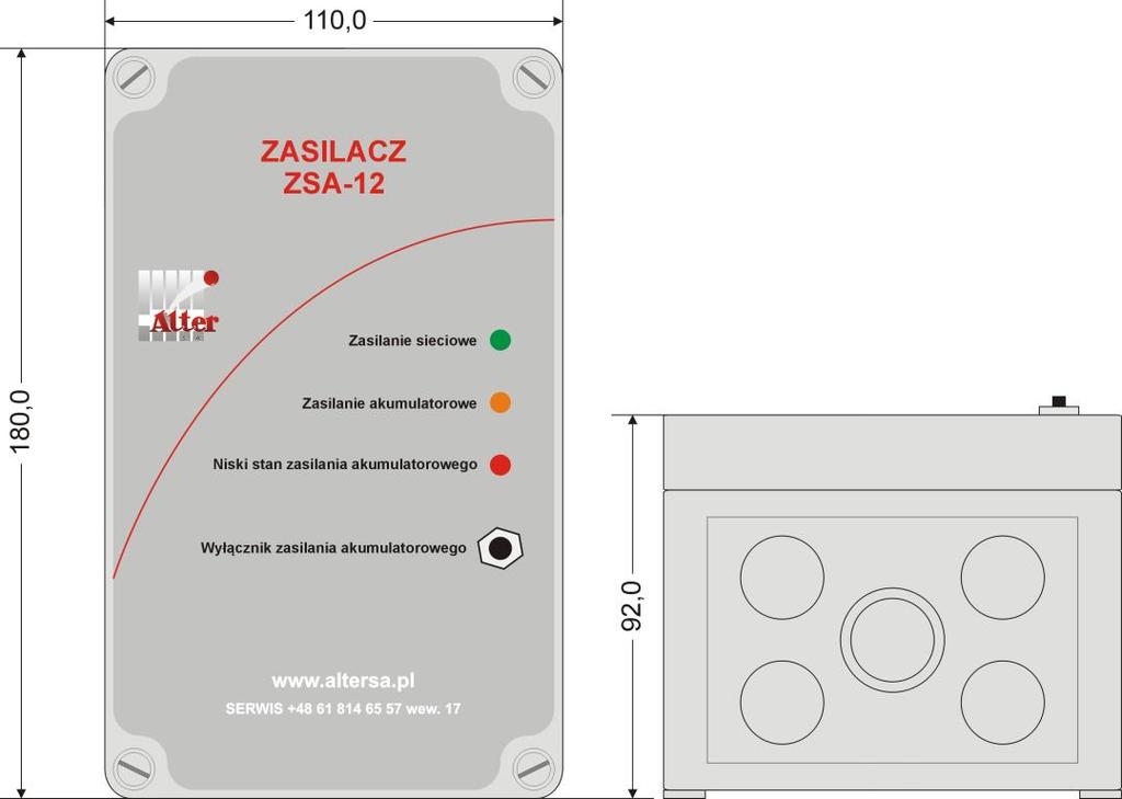 ZASILACZ ZSA-12 Widok i podstawowe wymiary zasilacza ZSA-12 Zaciski