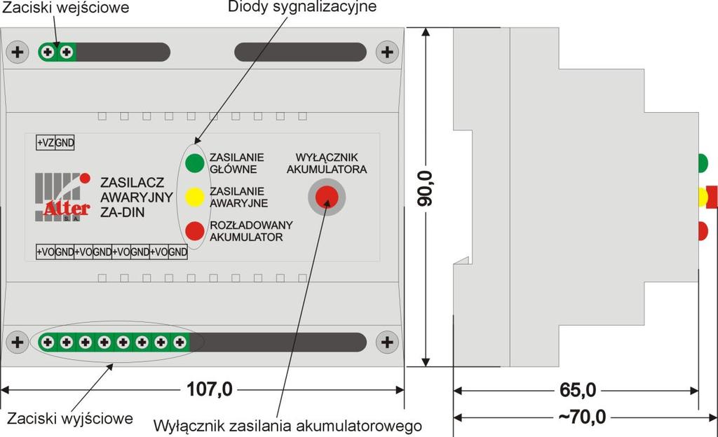 ZASILACZ AWARYJNY ZA-DIN Widok i podstawowe wymiary zasilacza ZA-DIN Nr zacisku Z1 (+VZ) Z2 (GND) Z3, Z5, Z7, Z9 (+VO) Z4, Z6, Z8, Z10 (GND) Zaciski przyłączeniowe zasilacza ZA-DIN Opis Dodatni