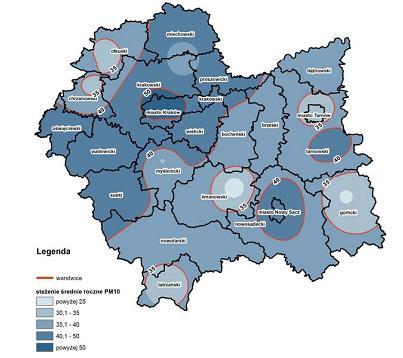 Tabela 3. Klasyfikacja stref dla pyłu zawieszonego PM10 w roku 2015 w województwie małopolskim.