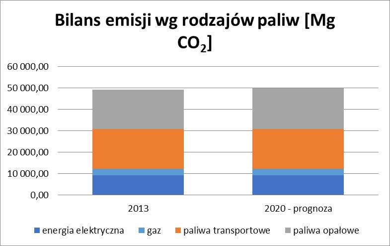 Zgodnie z przeprowadzoną inwentaryzacją, emisja dwutlenku węgla w roku bazowym 2013 wyniosła 49 271,44 Mg CO 2, a kluczowym czynnikiem emisji była emisja pochodząca z paliw opałowych oraz paliw