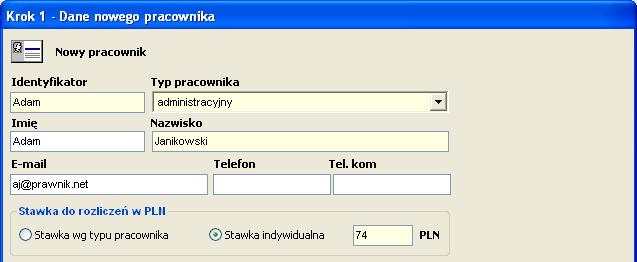 W pierwszym kroku kreatora wypełniamy dane pracownika. Identyfikator to unikalny zestaw znaków, wykorzystywany w miejscach, gdzie potrzebne jest szybkie wybranie pracownika.