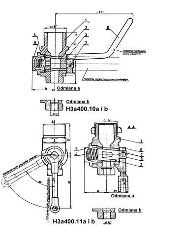 Kurek spustowy głównego zbiornika powietrza H3a400.10 i 11 wersja a i b 1. Korpus 2. Tulejka 3. Stożek 4. Sprężyna 5. Korek Rączka 6. Kołek 7.