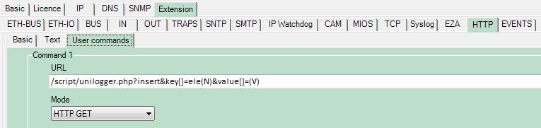 3. Wpisz polecenie HTTP w menu Extension/HTTP/User commands. User commands-command1-url: /script/unilogger.php?