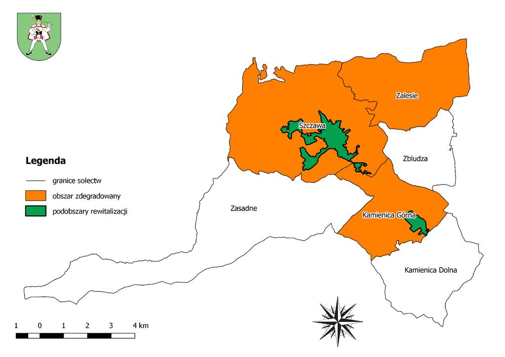 Mapa 1 Lokalizacja podobszarów rewitalizacji na tle obszaru