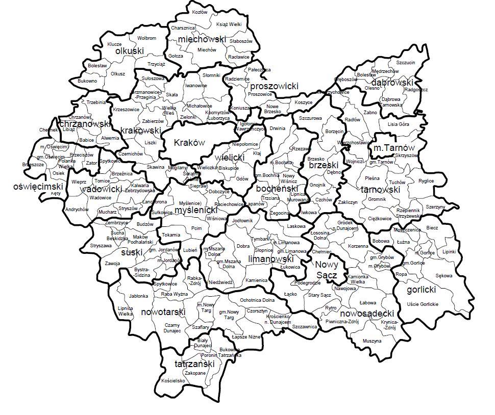 Dziennik Urzędowy Województwa Małopolskiego 103 Poz. 811 Rysunek 2. Podział województwa małopolskiego na powiaty i gminy. 20 Około 30% powierzchni województwa leży powyżej 500 m n.p.m., sięgając do wysokości 2 499 m n.