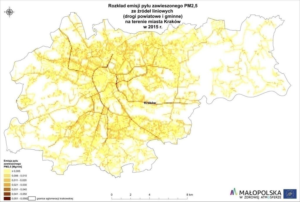 Dziennik Urzędowy Województwa Małopolskiego 371 Poz. 811 Rysunek 152. Lokalizacja źródeł emisji liniowej z dróg powiatowych i gminnych na terenie aglomeracji krakowskiej oraz wielkość emisji NO2.