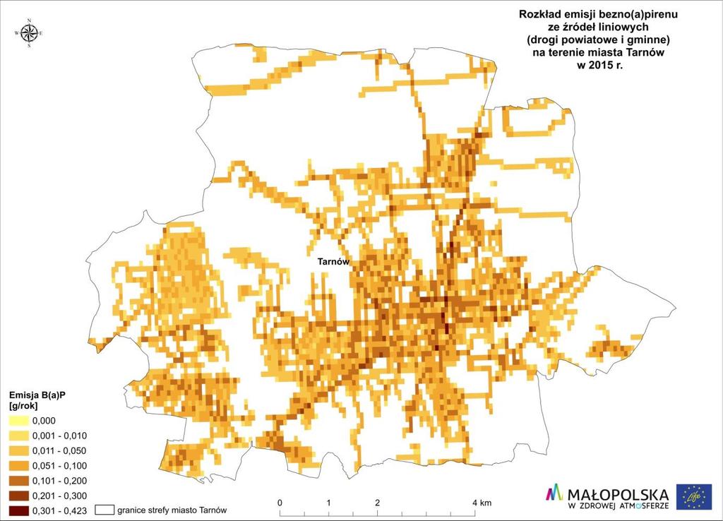 Dziennik Urzędowy Województwa Małopolskiego 378 Poz. 811 Rysunek 162. Lokalizacja źródeł emisji liniowej z dróg powiatowych i gminnych na terenie strefy miasto Tarnów oraz wielkość emisji B(a)P.