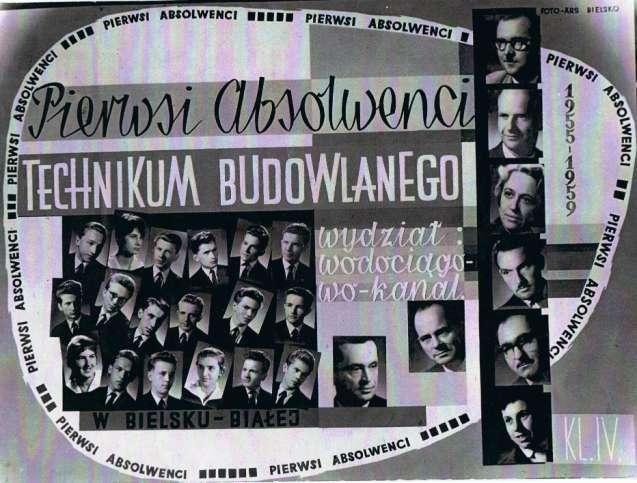 PIERWSI ABITURIENCI 1955-1959 I rząd od lewej: Władysław Branc, Jerzy Duda, Ernest Morawiec, Wacław Nowak, Jacek Borowski, Jerzy Damek, Adam Kołodziejczyk, Barbara Węgrzynkiewicz, Emil Tarnawa,