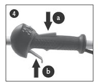 4. Wciśnij i przytrzymaj blokadę dźwigni gazu (a), a następnie wciśnij i przytrzymaj dźwignie gazu (b). 5. Lewą ręką trzymaj wciśniętą dźwignię gazu (b) a wykaszarkę trzymaj przy ziemi.