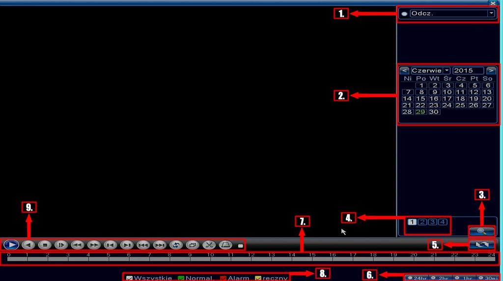 lista dostępnych kamer 5. przycisk do przełączania pomiędzy kalendarzem a listą plików z wybranego dnia 6.