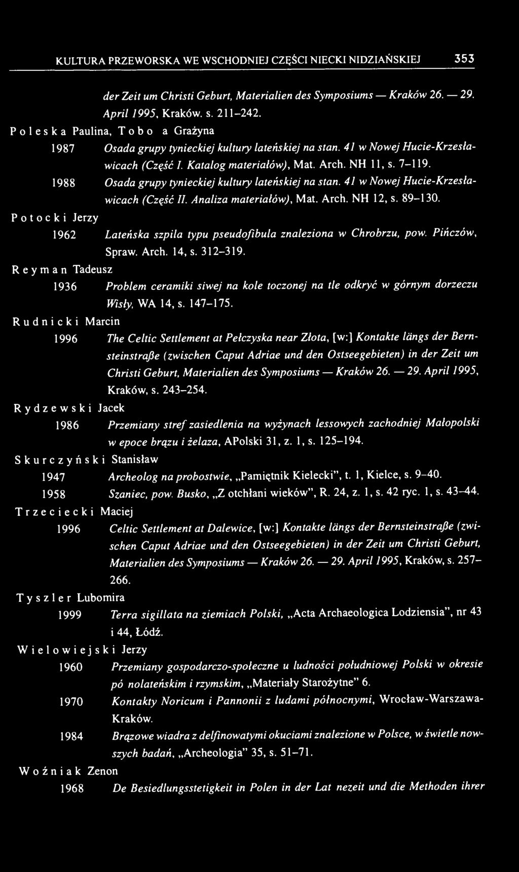 Jerzy 1988 Osada grupy tynieckiej kultury lateńskiej na stan. 41 w Nowej Hucie-Krzesławicach (Część II. Analiza materiałów), Mat. Arch. NH 12, s. 89-130.