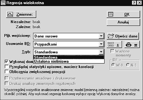 3 z 5 2007-05-09 23:22 Rys. 3. Okno wstępne regresji linearyzowalnej Następnie na rozwijalnej liście Tryb wybieramy opcję Regresja ustalona nieliniowa.