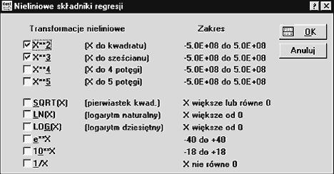 Wyboru dokonujemy w oknie Nieliniowe składniki regresji otwierającym się po kliknięciu przycisku OK. Okno dialogowe wyboru transformacji pokazane jest na rysunku 4.