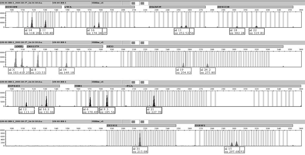 Kalmára, pełną analizę wszystkich loci występujących w zestawie AmpFlSTR SEfiler uzyskano po amplifi kacji DNA ekstrahowanego