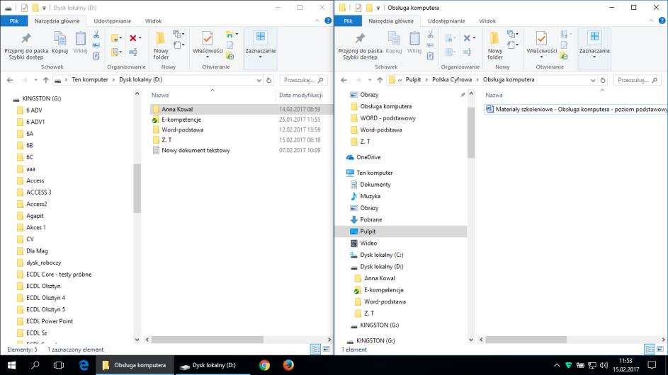 [27/30] Obsługa komputera Rysunek 40. Ustawienie dwóch okien obok siebie Skopiujemy teraz folder Marta Wesoły z Dysku D: na pendrive. 1.