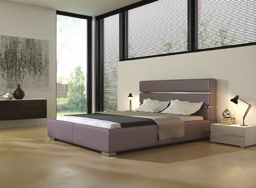 FONDI Nowoczesne łóżko z wysokim zagłówkiem i metalowymi elementami, które w ciekawy sposób przełamują kolorystykę i pełnią funkcję ozdobną.