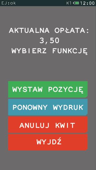 Wyświetlenie bieżącej należności Wystawienie pozycji paragonu na podstawie informacji zawartych na kwicie (data, cennik) Rezygnacja z wyboru kwitu Ponowny wydruk kwitu Anulowanie kwitu Anulowanie