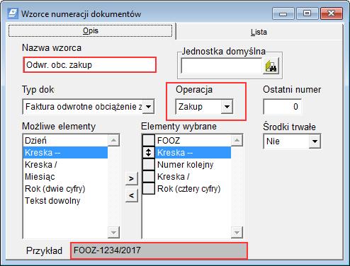 Rejestr VAT Optivum. Jak wprowadzić fakturę zakupu z odwrotnym obciążeniem? 2/5 Wzorzec numeracji dokumentu dla operacji sprzedaży 1.