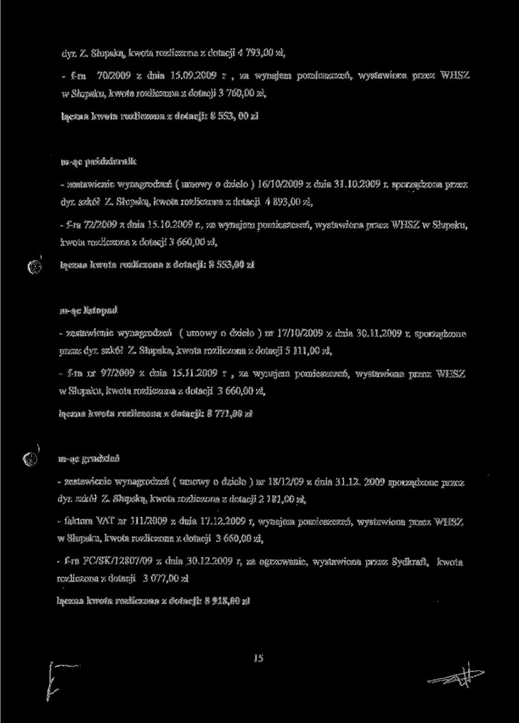 dyr. Z. Słupską, kwota rozliczona z dotacji 4 793,00 zł, fra 70/2009 