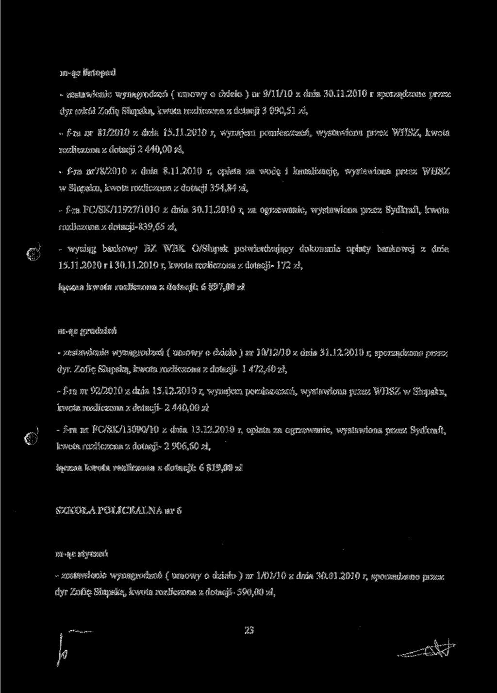 mąc listopad zestawienie wynagrodzeń ( umowy o dzieło ) nr 9/11/10 z dnia 30.11.2010 r sporządzone przez dyr szkół Zofię Słupską, kwota rozliczona z dotacji 3 090,51 zł, fra nr 81/2010 z dnia 15.11.2010 r, wynajem pomieszczeń, wystawiona przez WHSZ, kwota rozliczona z dotacji 2 440,00 zł, fra nr78/2010 z dnia 8.