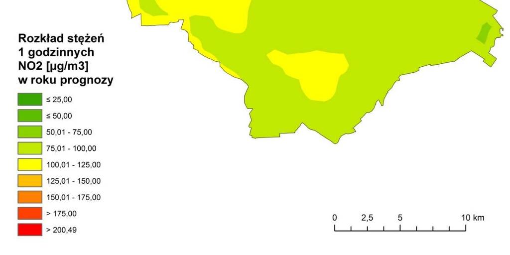 Rysunek 4 Rozkład stężeń NO2 o okresie uśredniania wyników 1 godzina na terenie strefy aglomeracja warszawska w roku prognozy 2024 1.3.