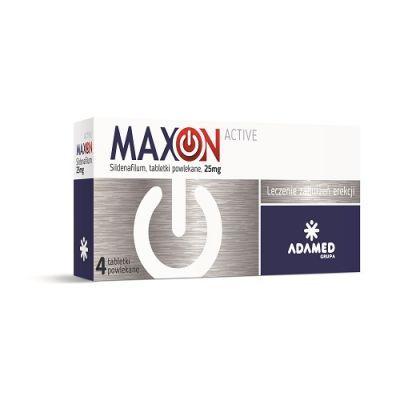 MAXON ACTIVE 4 tabletki powlekane Cena: 29,90 PLN Opis słownikowy Producent ADAMED Opis produktu Opis MAXON ACTIVE 4 tabletki powlekane (Sildenafil) Wskazania Lek Maxon Active jest stosowany w