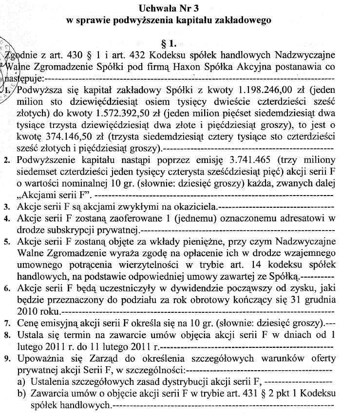 Akcje serii F powstały w wyniku podjęcia uchwały nr 3 Nadzwyczajnego Walnego Zgromadzenia z dnia 31 stycznia 2011 roku w