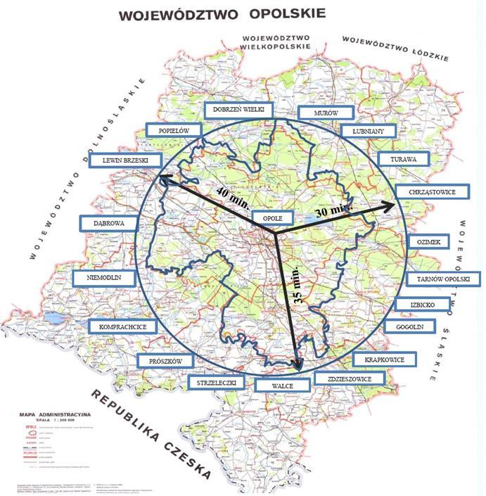 Zasięg terytorialny Aglomeracji Opolskiej Mapa prezentuje odległości