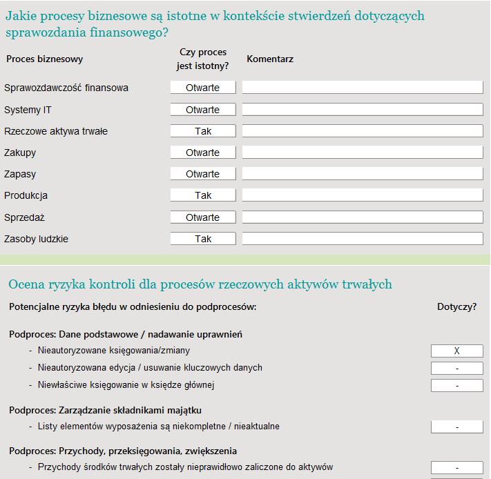 3.4. Ocena systemu kontroli wewnętrznej W ocenie systemu kontroli wewnętrznej najpierw określasz w tabeli jakie procesy biznesowe są istotne w kontekście stwierdzeń dotyczących