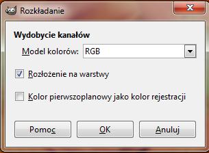 Wybierz Kolory -> Składowe -> Rozłóż. 3. W wyniku operacji rozłożenia na warstwy uzyskasz 3 warstwy w formie odcieni szarości.