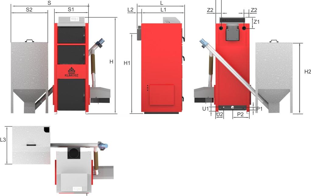 1.6.2 Wymiary kotłów KLIMOSZ DUOPELET EKO T Y P S L H S1 S2 L1 L2 L3 H1 H2 Z1 Z2 P1 P2 U1 U2 [mm] [mm] [mm] [mm] [mm] [mm] [mm] [mm] [mm] [mm] [mm] [mm] [mm] [mm] [mm] [mm] 15 1250 750 1385 550 600