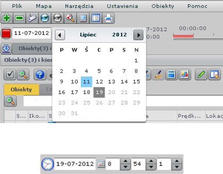 1.6 Obsługa paska czasowego. Pod paskiem menu znajduje się pasek czasowy. Gdy pasek podświetlony jest na zielono oznacza to,że pojazdy na mapie pokazywane są w czasie rzeczywistym. 1.6.1 Zatrzymywanie czasu/czas rzeczywisty.