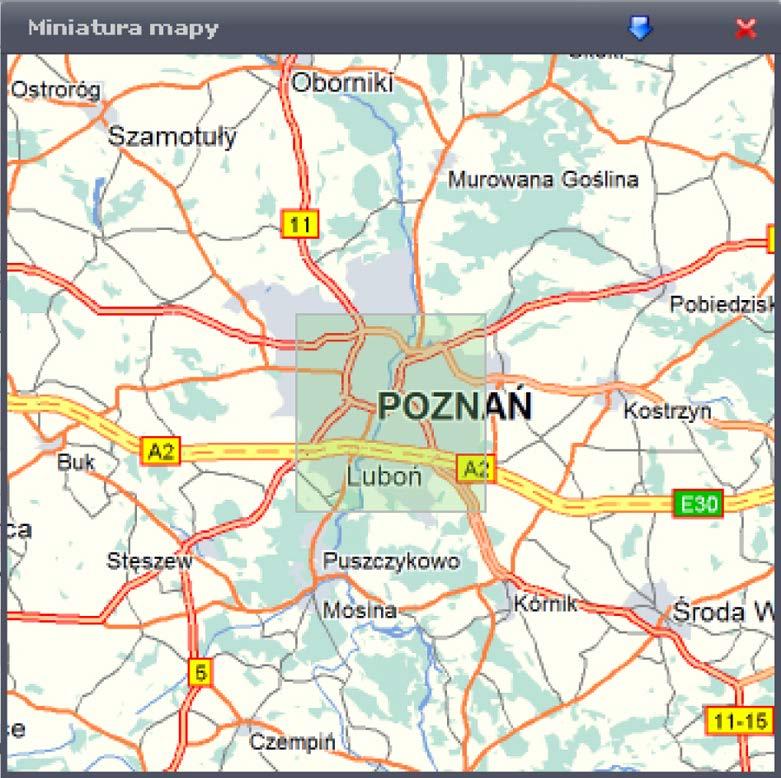 Dodatkowe okienko nawigacyjne przedstawia miniaturę mapy, która umożliwia przeglądanie większego obszaru. Zielony kwadrat znajdujący się na miniaturze mapy pozwala się po niej poruszać.