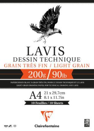 LAVIS TECHNIQUE 160g/m² 200g/m² 250g/m² Biały, gładki papier przeznaczony do technik graficznych, takich jak rysunek ołówkiem, węglem, mazakami i tuszem.