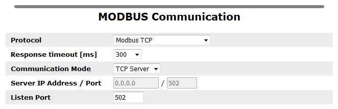 2.6. Konfiguracja parametrów MODBUS Protokół (Protocol) Można wybrać rodzaj protokołu MODBUS: Modbus TCP lub Modbus RTU over TCP. Połączenie Modbus TCP odbywa się na porcie 502.