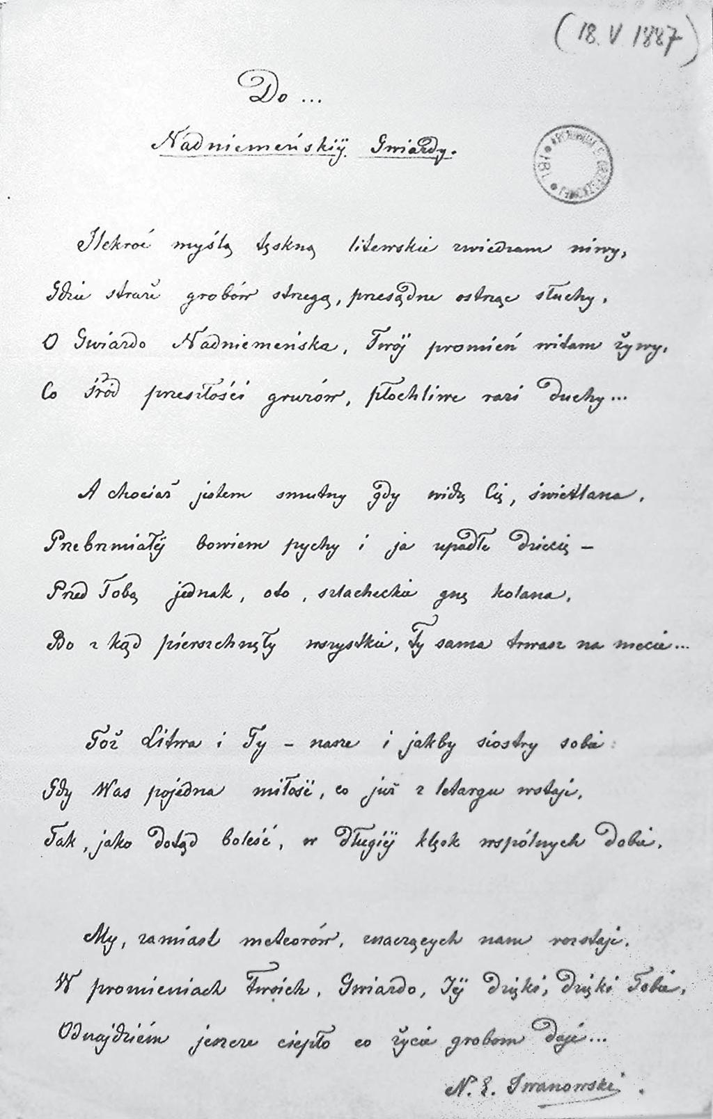 GIEDRIUS ŽIDONIS, JOWITA NIEWULIS-GRABLUNAS 2 pav. N. E. Iwanowskio eilėraštis Panemunių žvaigždei, skirtas E. Orzeszkowai. 1887 m. pradžia. Svetima ranka įrašyta data viršuje klaidinga.
