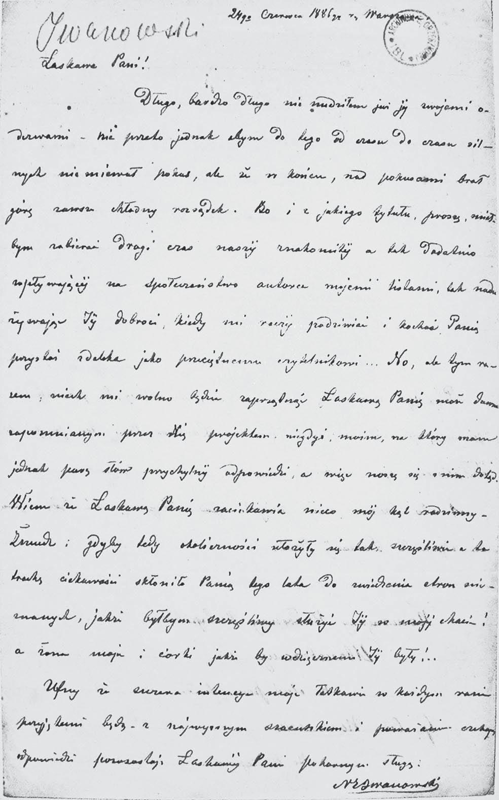 ARTIMOS SIELOS ILGESYS: NIKODEMO ERAZMO IWANOWSKIO IR ELIZOS ORZESZKOWOS LAIŠKAI (1881 1891) 1 pav. N. E. Iwanowskio 1886-06-24 laiško fragmentas susitikimą sudėliosime ir mano kitų metų išvykos į Žemaitiją planą, daug žadančiai rašė E.