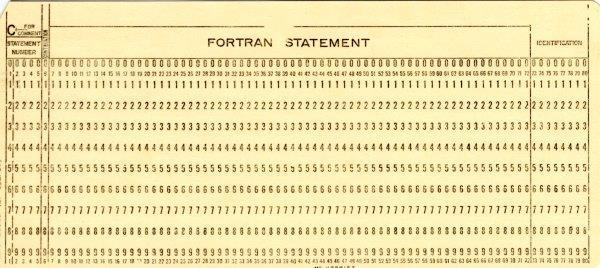 JĘZYKI PROGRAMOWANIA Subiektywny (i bardzo krótki) przegląd języków programowania: FORTRAN ang. FORmula TRANslator Karta perforowana z podziałem na pola dla Fortranu IV.