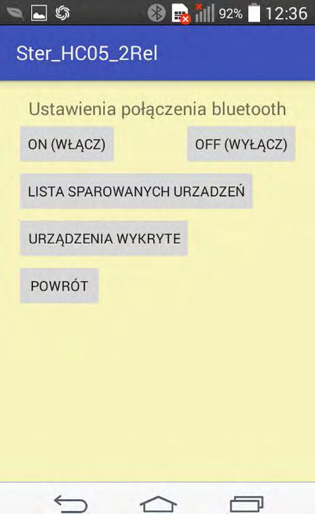 Przełącznik z interfejsem Bluetooth Rysunek. Ekran główny aplikacji Ster_HC0_Rel Rysunek. Lista sparowanych urządzeń Bluetooth Rysunek.