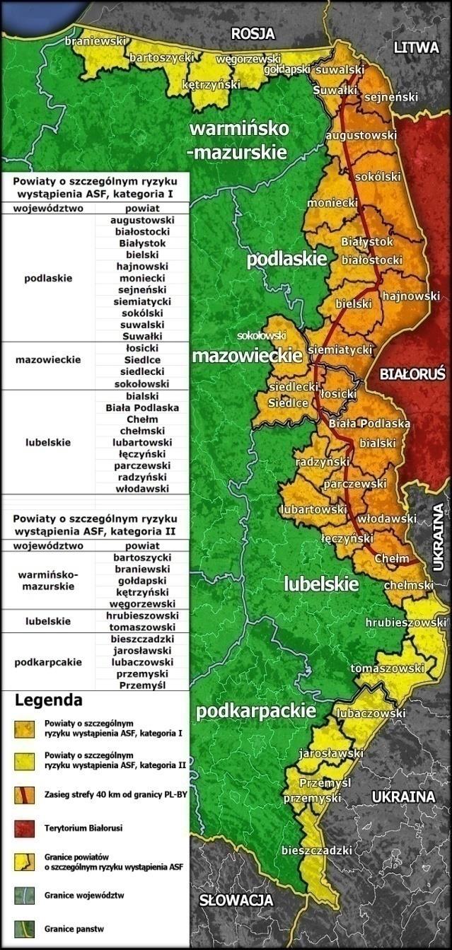 Działania prewencyjne Rozporządzenia Wojewodów Podjęto prace nad zabezpieczeniem powiatów najbardziej zagrożonych możliwością przeniesienia ASF (na mapie koloru pomarańczowego), skutkiem czego na