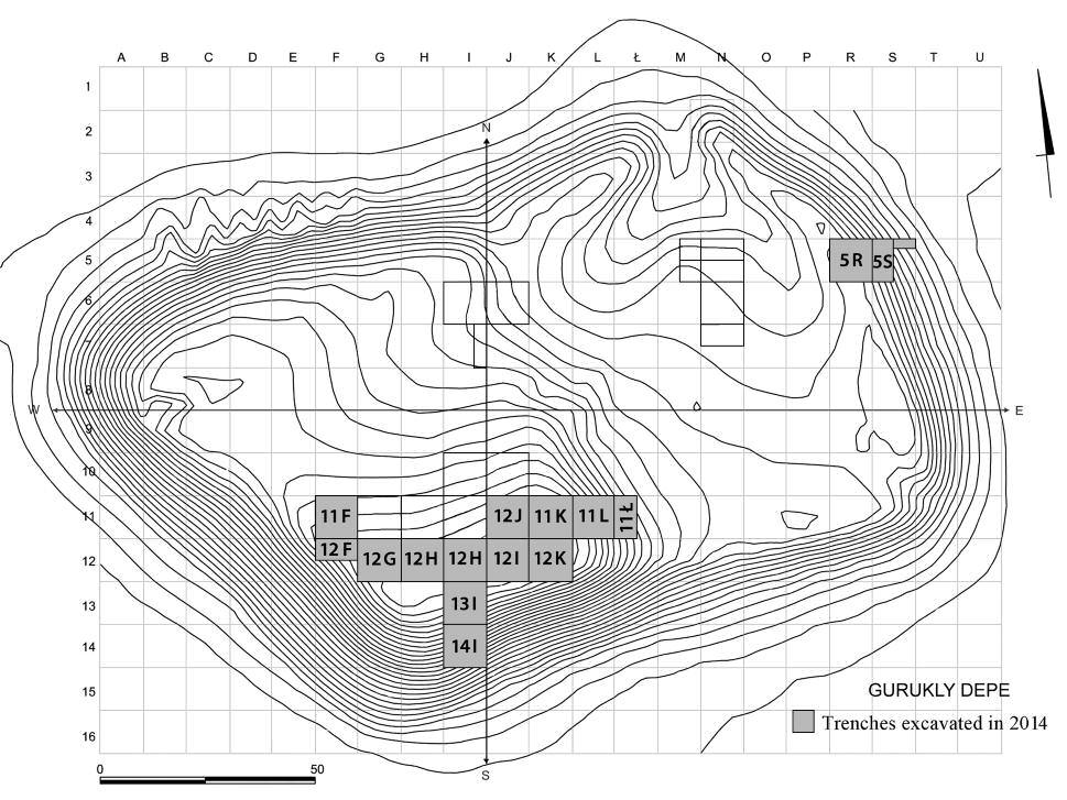 BARBARA KAIM Fig. 1. Topographical map of Gurukly Depe with the location of trenches (Drawing J.