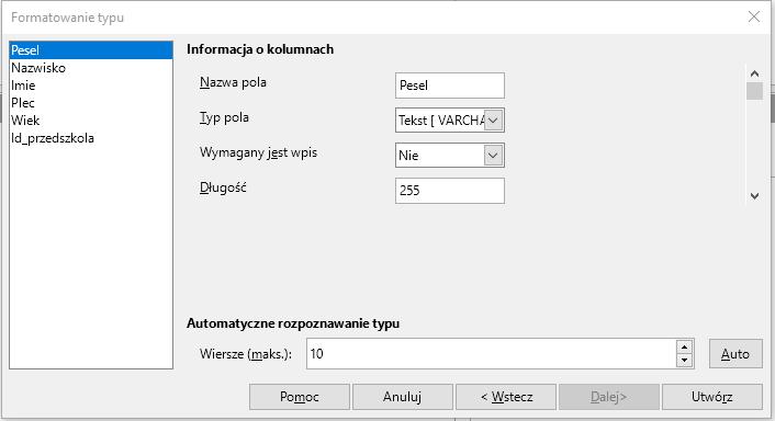 ustaw typy pól zgodnie z opisem: 1. Pesel, typ pola: Tekst, Wymagany jest wpis: tak 2. Nazwisko, typ pola: Tekst 3. Imie, typ pola: Tekst 4. Plec, typ pola: Tekst 5. Wiek, typ pola: Dziesiętny 6.