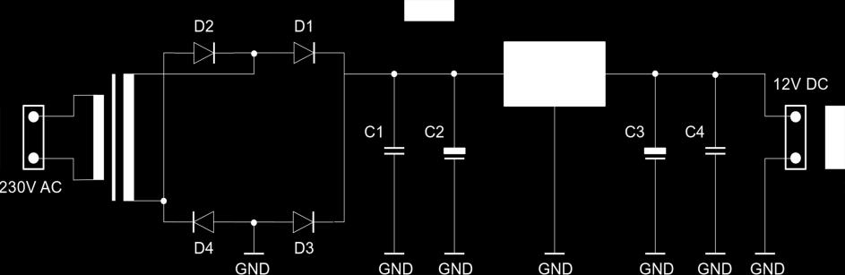 Przykładowe zadanie 7. W układzie zasilacza, przedstawionym na schemacie, element oznaczony symbolem LM7812 A. stabilizuje napięcie. B. wygładza napięcie. C. prostuje napięcie. D. filtruje napięcie.