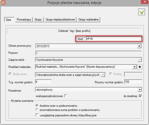 UONET. Jak opisać w planie nauczania zajęcia odbywane w grupach? 3/8 3. Opisz każdą utworzoną dla zajęć pozycję: Kliknij dwukrotnie pozycję w planie nauczania, aby ją edytować.