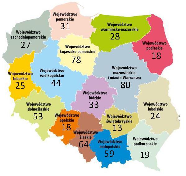 działało 614 Uniwersytetów Trzeciego Wieku. Ich rozkład w kontekście województw przedstawiono na poniższej mapie. Rys. 1. Uniwersytety Trzeciego Wieku w Polsce na dzień 31 marca 2017. źródło: www.
