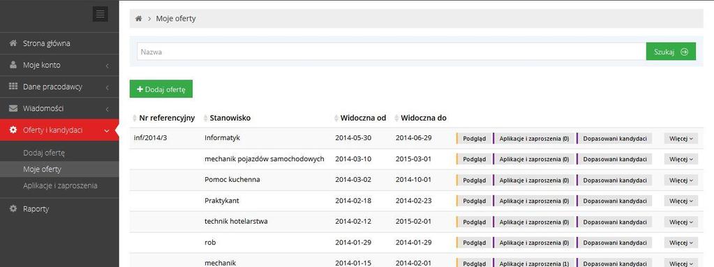 Moje oferty W tym miejscu można podejrzeć oferty dodane przez Użytkownika do systemu, przeglądać listę dopasowanych do danej oferty kandydatów, przeglądać wysłane do danej oferty pracy zaproszenia.