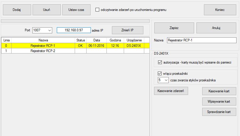 po kliknięciu program wyświetli ustawienia rejestratora bez zaznaczonej autoryzacji rejestrator zapisuje wszystkie zbliżenia kart - nieuprawnione odrzuca przy importowaniu program RCP zmiana adresu