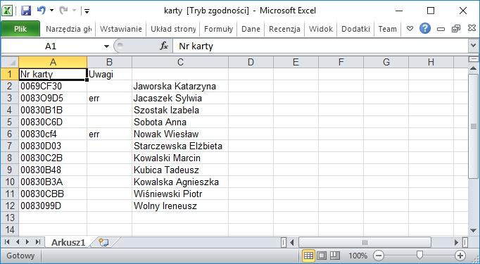 Numer karty składa się z: - 8 znaków - karty Unique 125kHz, Mifare Classic 13,56MHz - 14 znaków - karty Mifare PlusX lub Mifare DESFire W numerze mogą występować znaki: