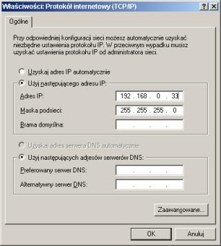 Zmiana adresu IP KROK 1 Zmienić IP komputera programującego na : 192.168.0.